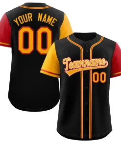 Custom Black Yellow-Red Raglan Sleeves Authentic Baseball Jersey