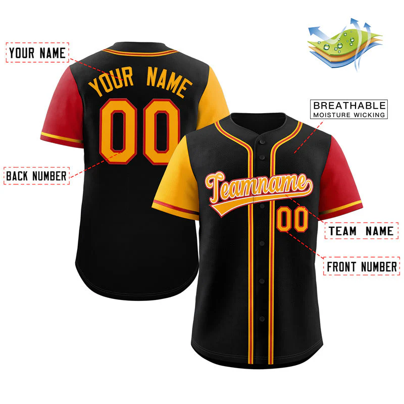 Custom Black Yellow-Red Raglan Sleeves Authentic Baseball Jersey - Image 2