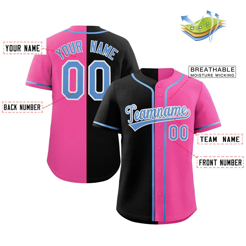 Custom Pink Black-Light Blue Split Fashion Authentic Baseball Jersey - Image 2