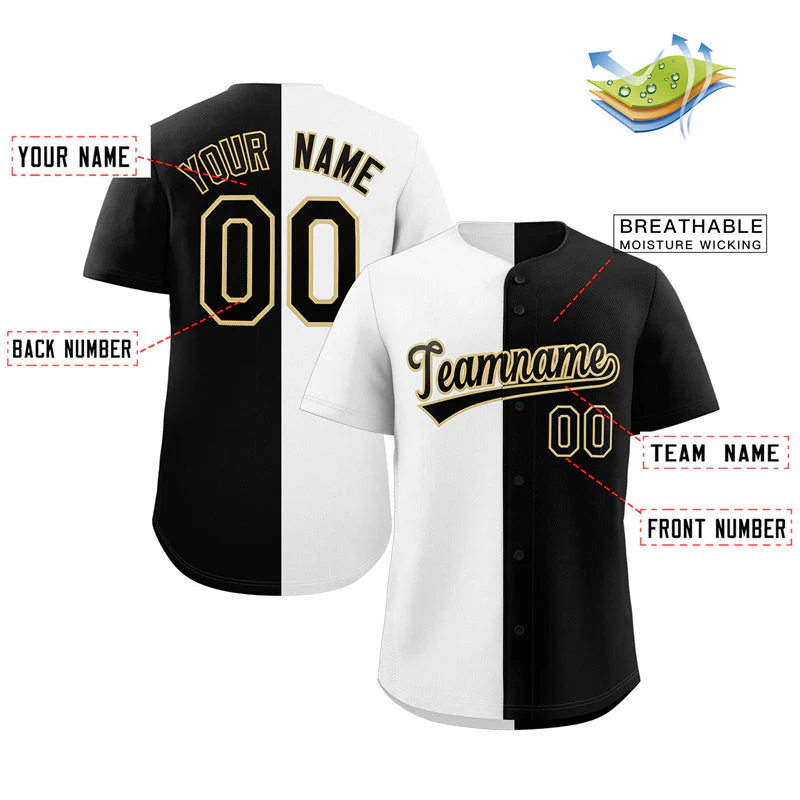 Custom Black White-Khaki Split Fashion Authentic Baseball Jersey - Image 2