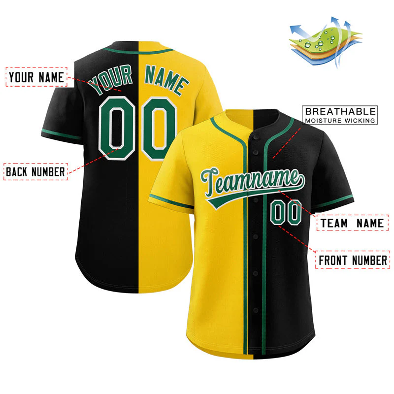Custom Black Yellow-Green Split Fashion Authentic Baseball Jersey - Image 2