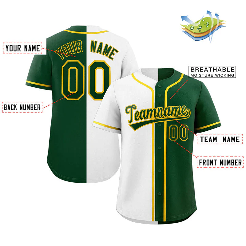 Custom Green White-Gold Split Fashion Authentic Baseball Jersey - Image 2