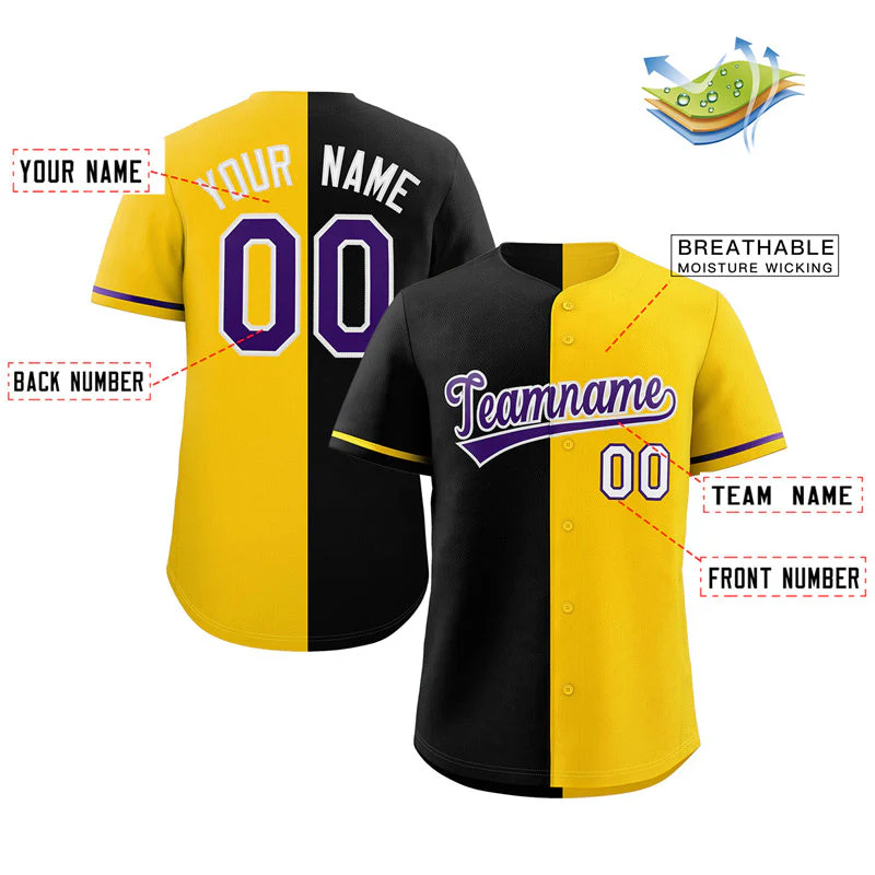Custom Gold Black-Purple Split Fashion Authentic Baseball Jersey - Image 2