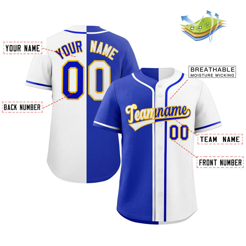 Custom White Royal-Gold Hook Split Fashion Authentic Baseball Jersey - Image 2