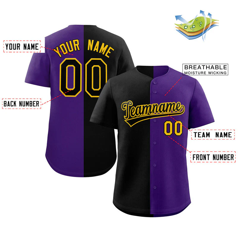 Custom Purple Black-Yellow Split Fashion Authentic Baseball Jersey - Image 2