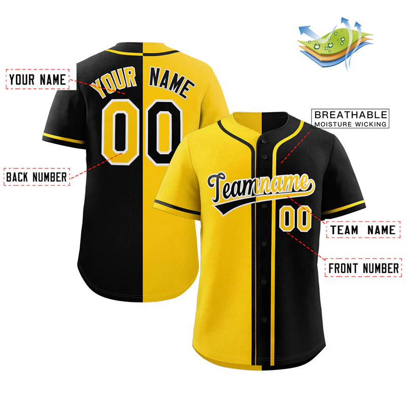 Custom Black Yellow-White Hook Split Fashion Authentic Baseball Jersey - Image 2