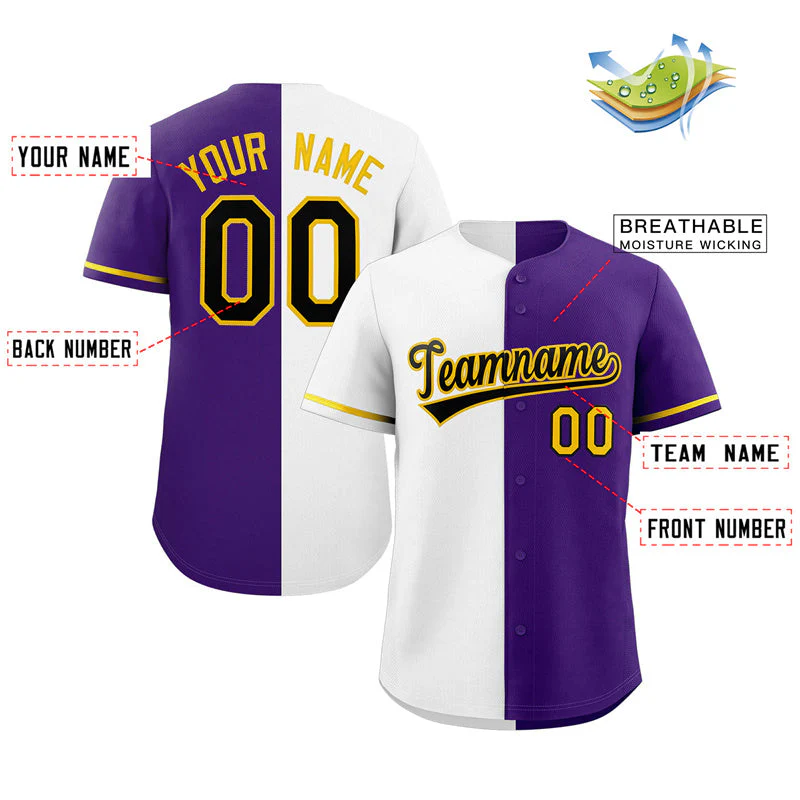 Custom Purple White-Black Split Fashion Authentic Baseball Jersey - Image 2
