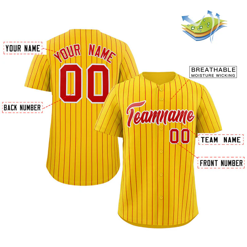 Custom Gold Red-White Stripe Fashion Authentic Baseball Jersey - Image 2