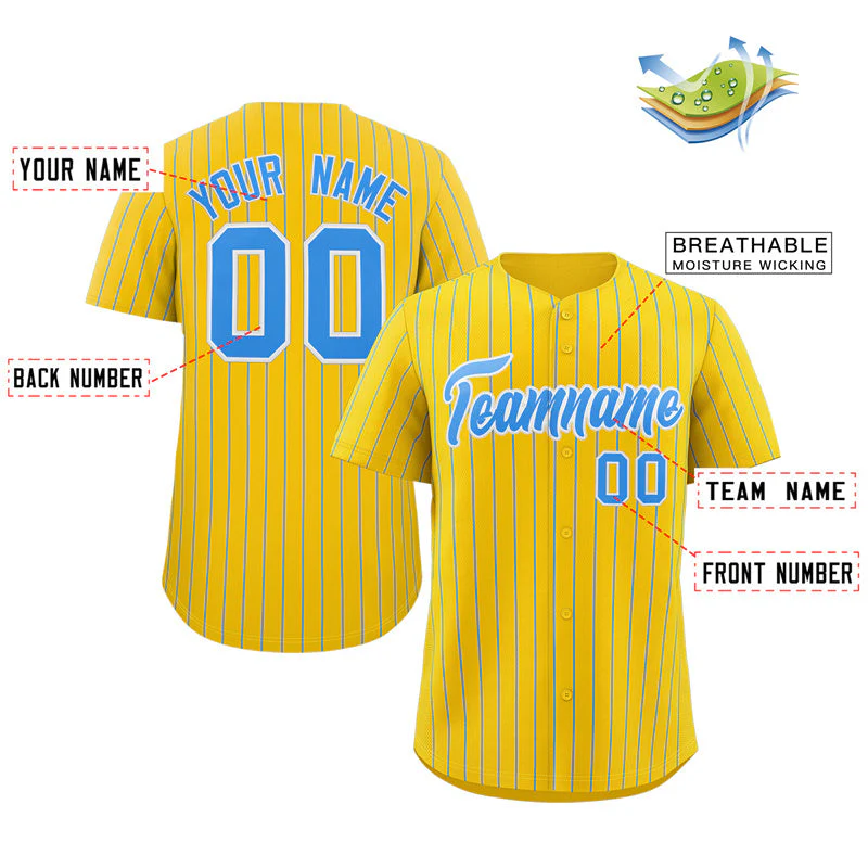 Custom Gold Light Blue-White Stripe Fashion Authentic Baseball Jersey - Image 2