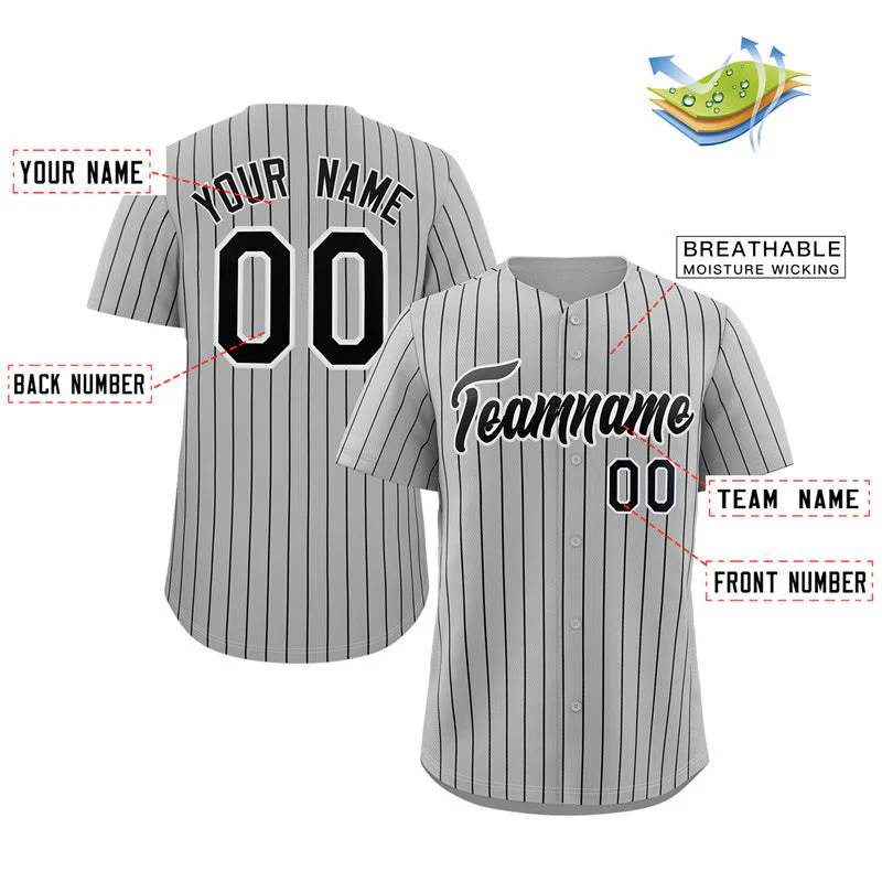 Custom Gray Balck-White Stripe Fashion Authentic Baseball Jersey - Image 2