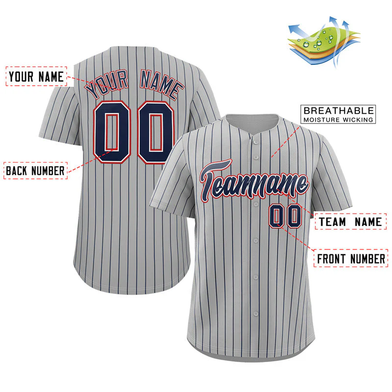Custom Gray Navy-Red Stripe Fashion Authentic Baseball Jersey - Image 2