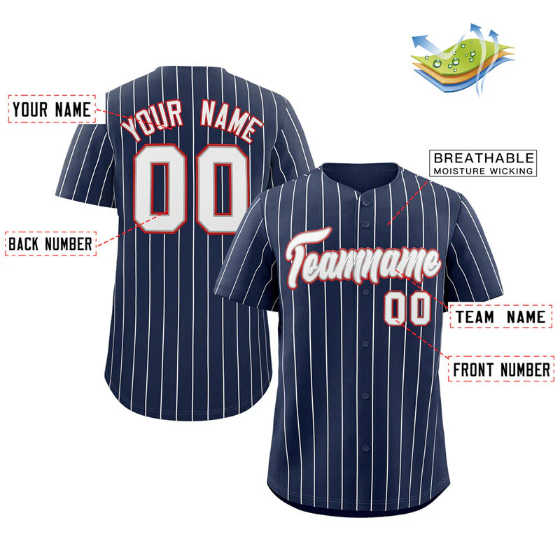 Custom Navy White-Red Stripe Fashion Authentic Baseball Jersey - Image 2