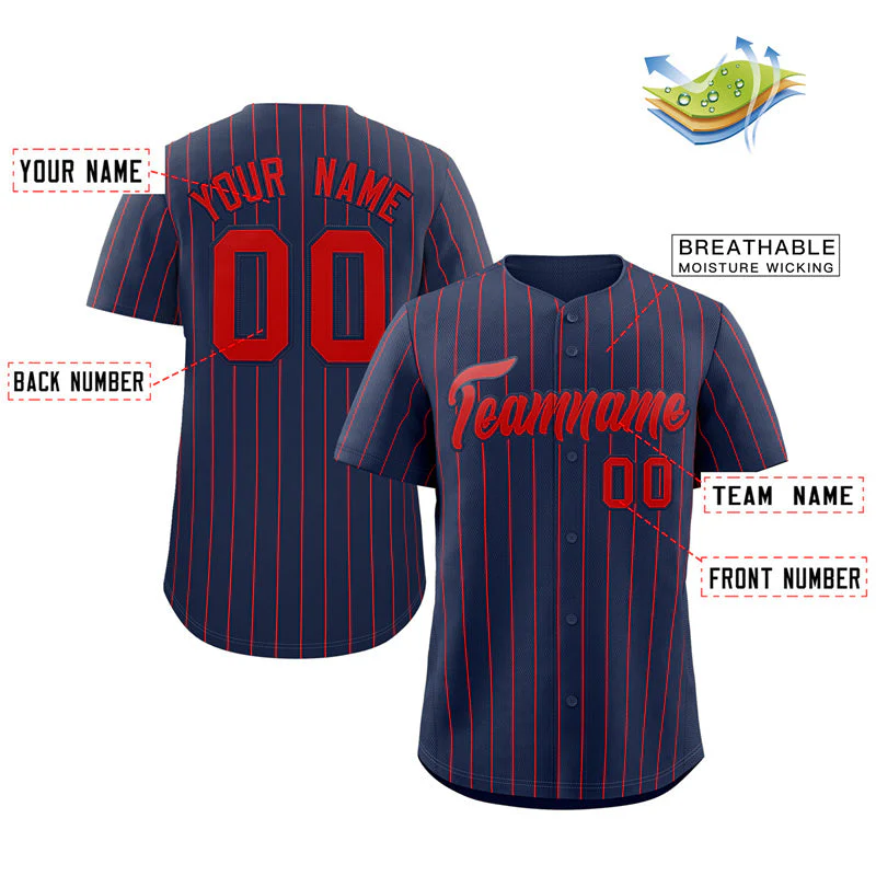 Custom Navy Red Stripe Fashion Authentic Baseball Jersey - Image 2