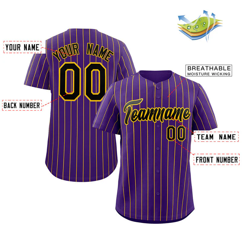 Custom Purple Black-Yellow Stripe Fashion Authentic Baseball Jersey - Image 2
