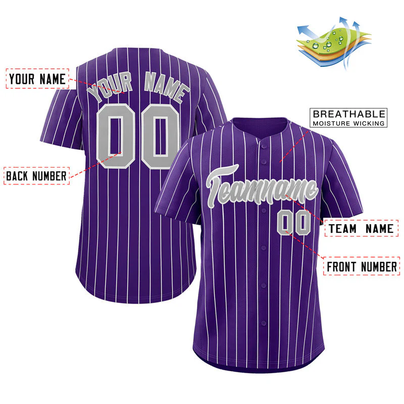 Custom Purple Gray-White Stripe Fashion Authentic Baseball Jersey - Image 2
