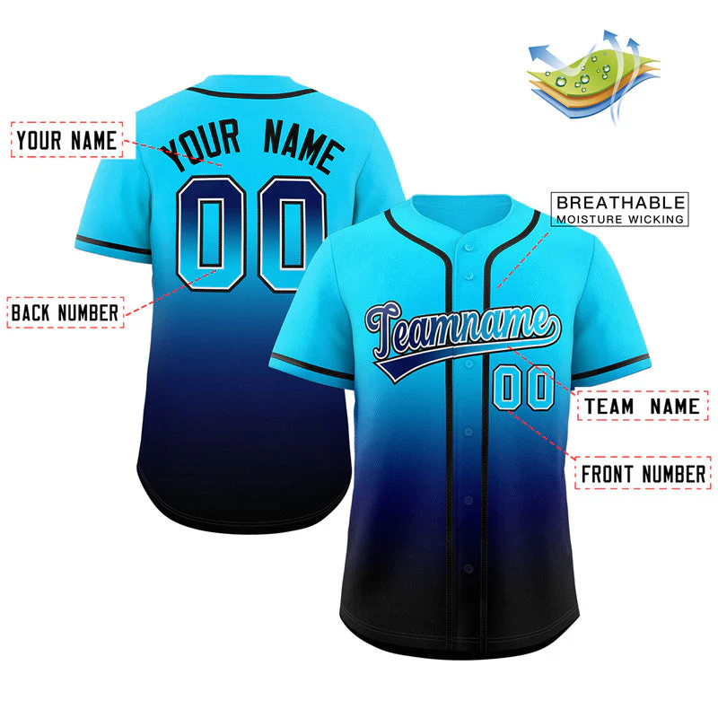 Custom Powder Blue Navy-Black Gradient Fashion Authentic Baseball Jersey - Image 2