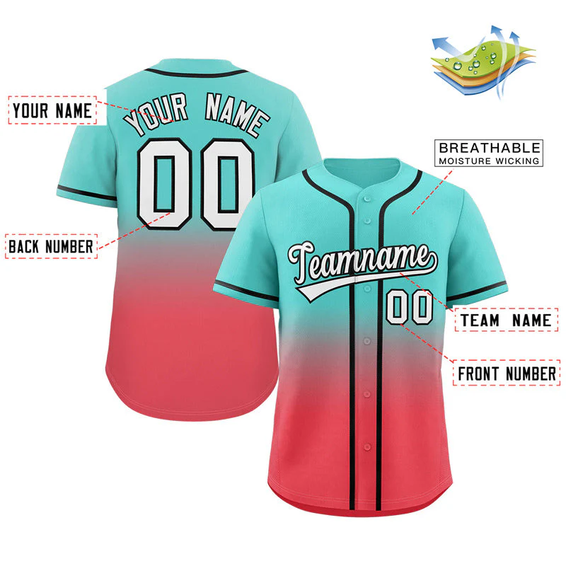 Custom Aqua Light Red Gradient Fashion Authentic Baseball Jersey - Image 2