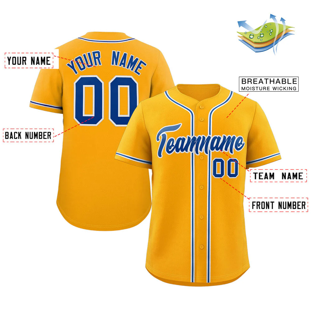 Custom Yellow Royal-White Classic Style Authentic Baseball Jersey - Image 2