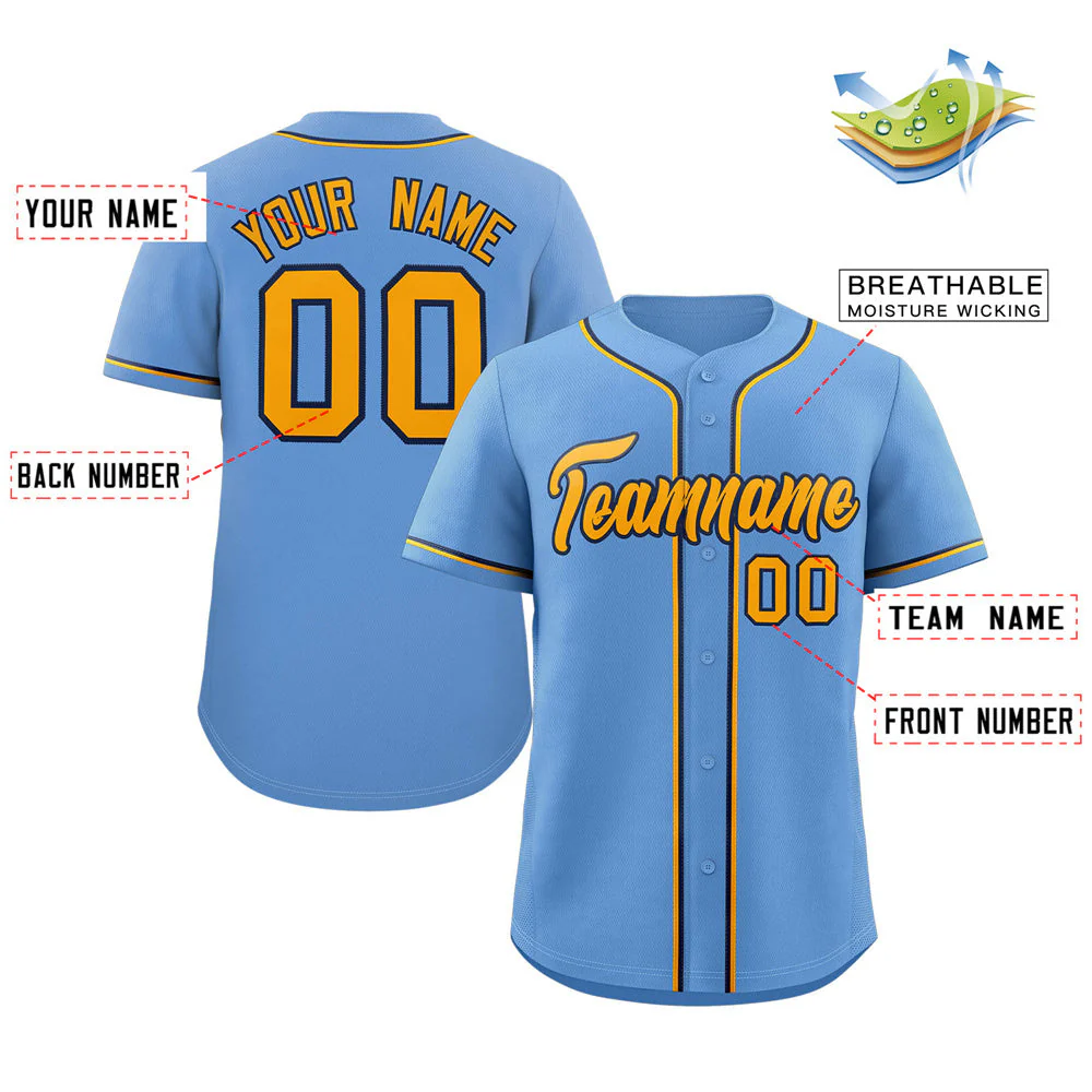 Custom Light Blue Yellow-Navy Classic Style Authentic Baseball Jersey - Image 2