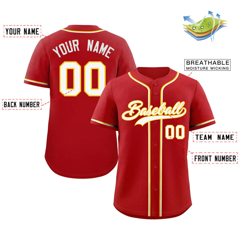 Custom Red White-Gold Classic Style Authentic Baseball Jersey - Image 2