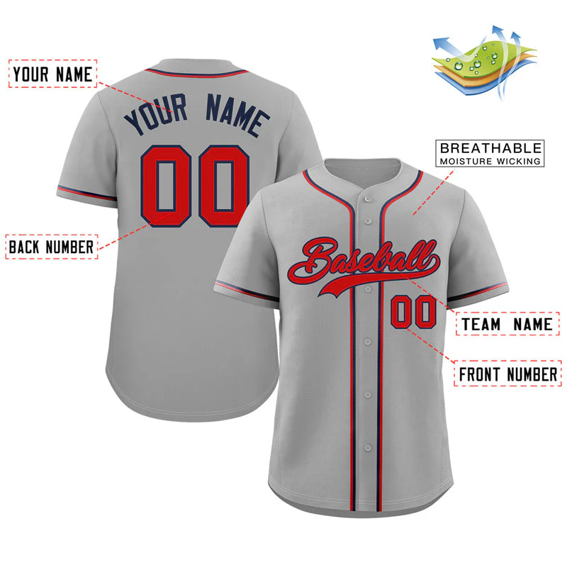 Custom Gray Red-Navy Classic Style Authentic Baseball Jersey - Image 2