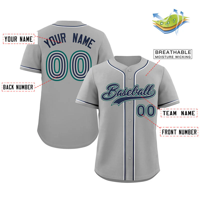 Custom Gray Navy-Aqua Classic Style Authentic Baseball Jersey - Image 2