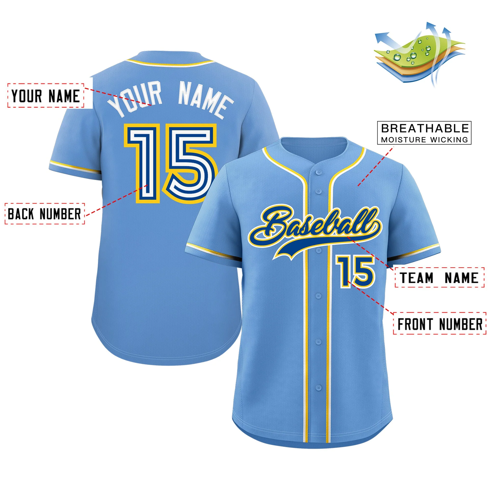 Custom Light Blue Royal-Gold Classic Style Authentic Baseball Jersey - Image 2