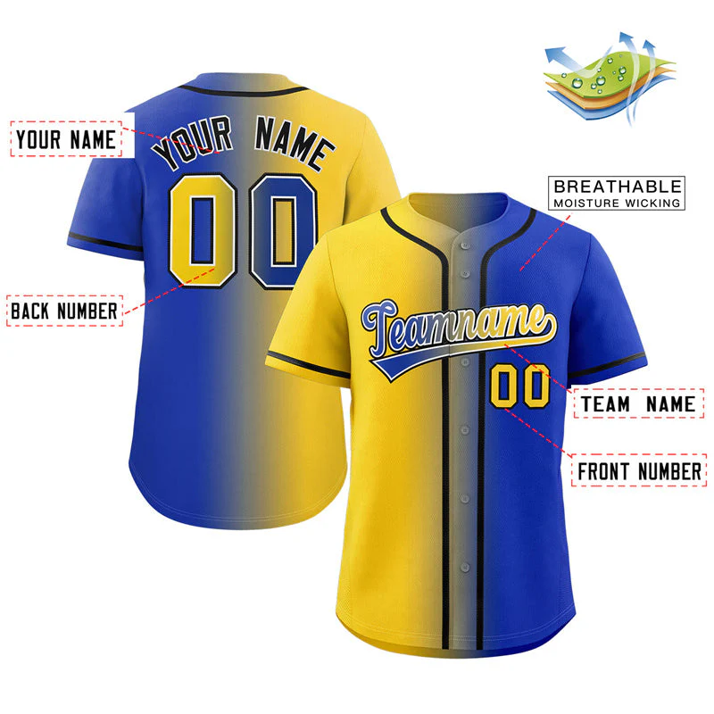 Custom Yellow Royal-Black Gradient Fashion Authentic Baseball Jersey - Image 2