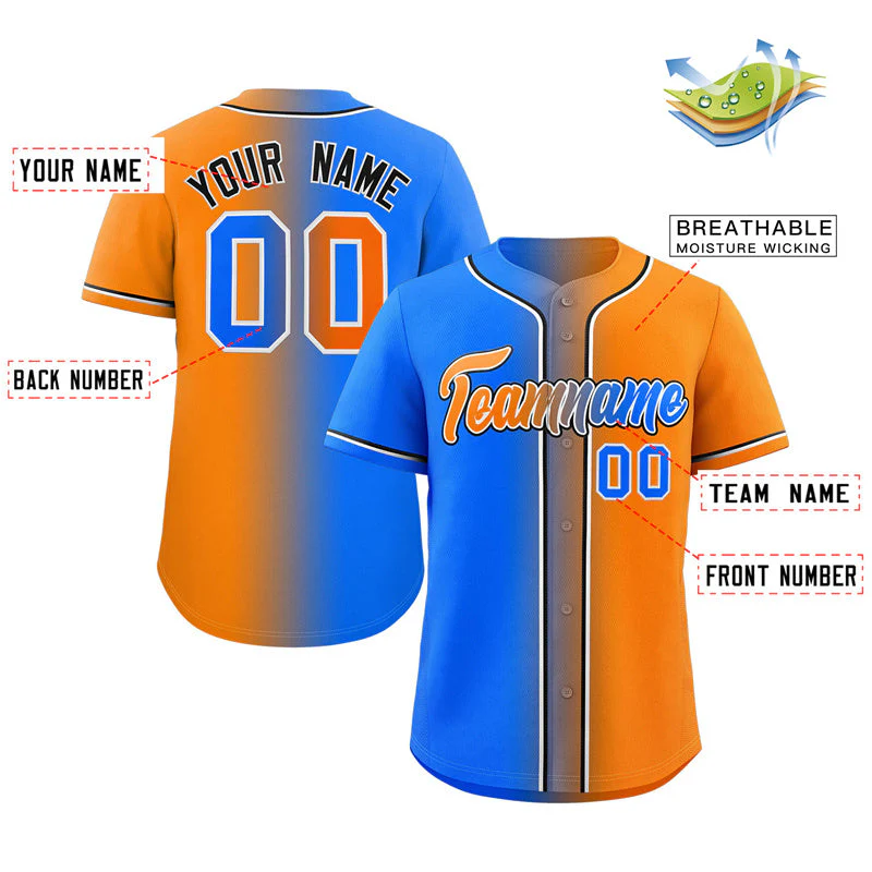 Custom Powder Blue Orange-Black Gradient Fashion Authentic Baseball Jersey - Image 2
