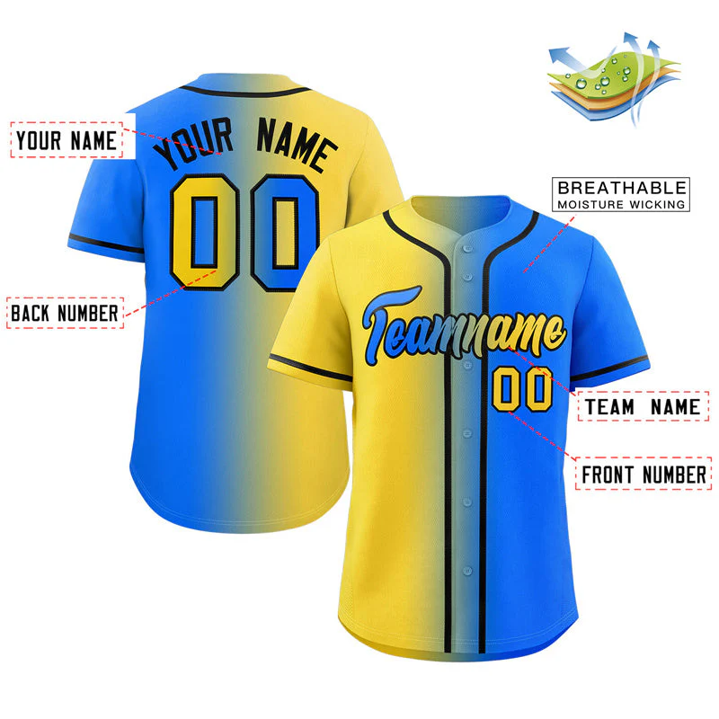 Custom Powder Blue Yellow-Black Gradient Fashion Authentic Baseball Jersey - Image 2