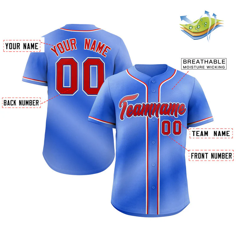 Custom Powder Blue Red-White Gradient Fashion Authentic Baseball Jersey - Image 2