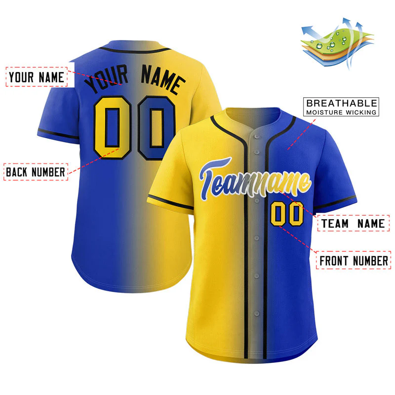 Custom Yellow Royal-Black Gradient Fashion Authentic Baseball Jersey - Image 2