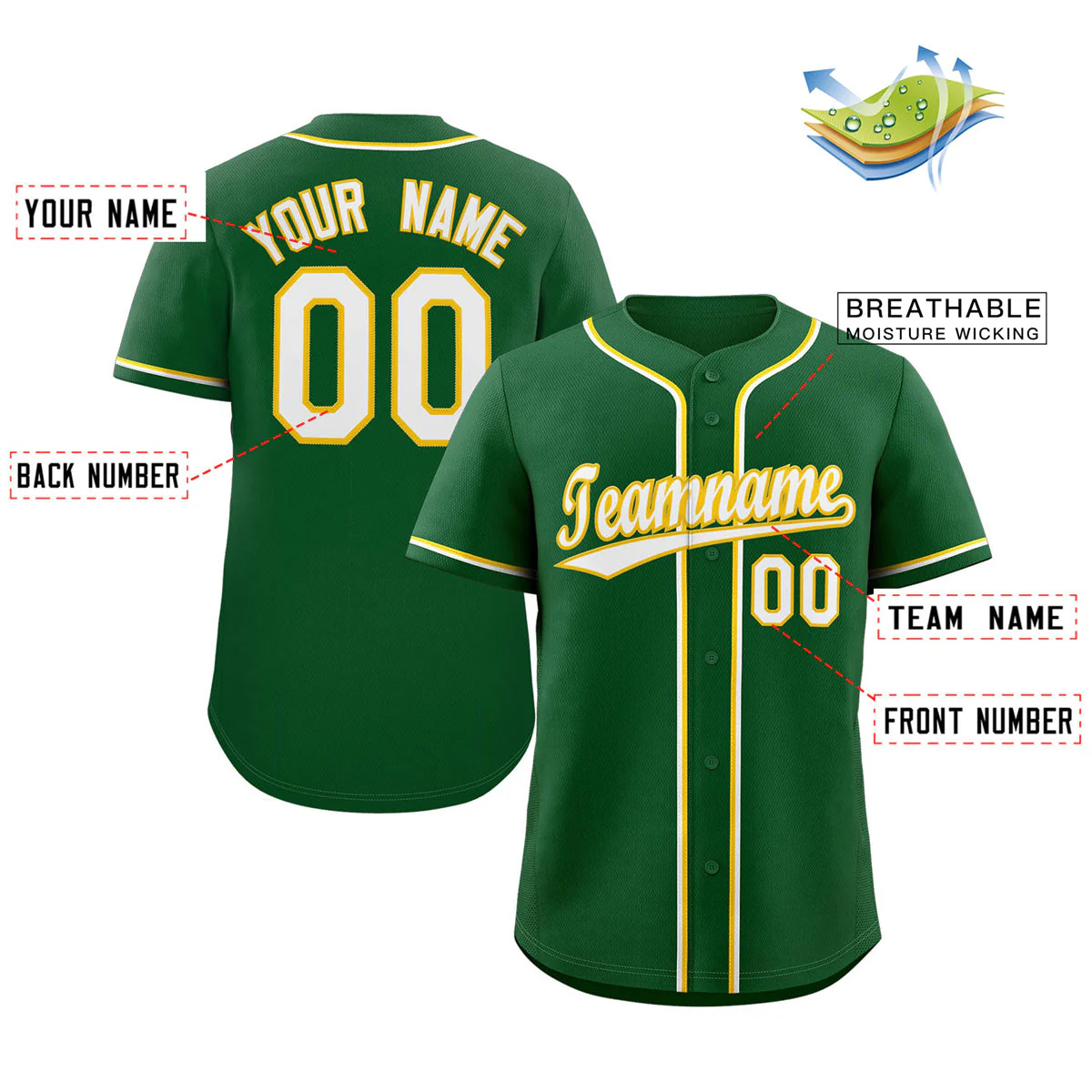 Custom Green White-Gold Classic Style Authentic Baseball Jersey - Image 2