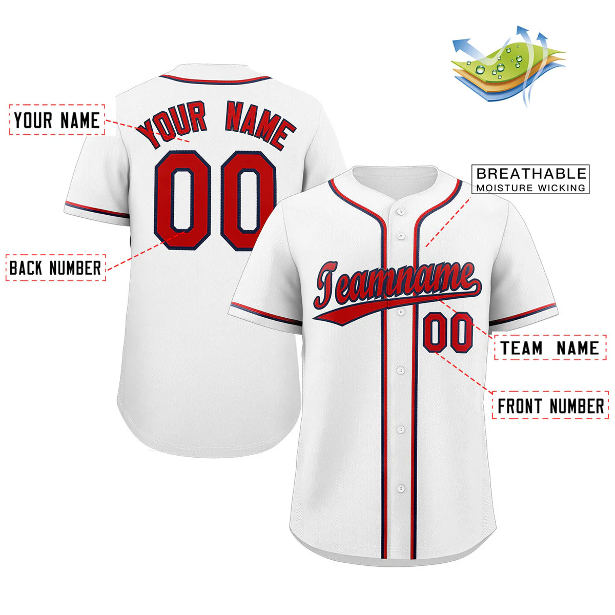 Custom White Red-Navy Classic Style Authentic Baseball Jersey - Image 2