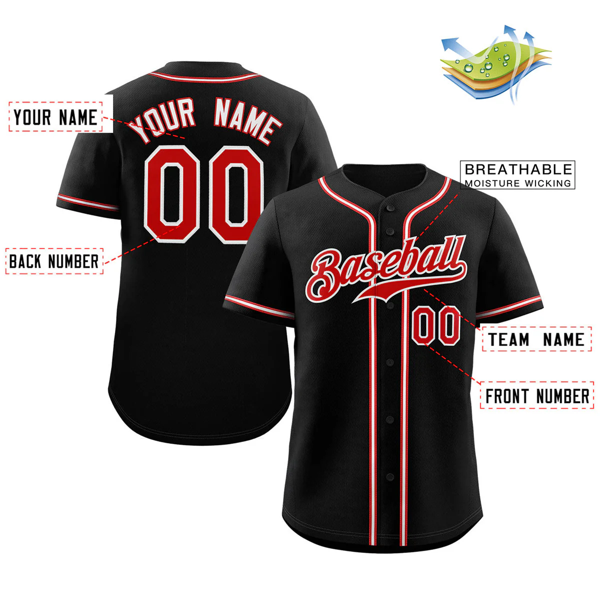 Custom Black Red-Gray Classic Style Authentic Baseball Jersey - Image 2