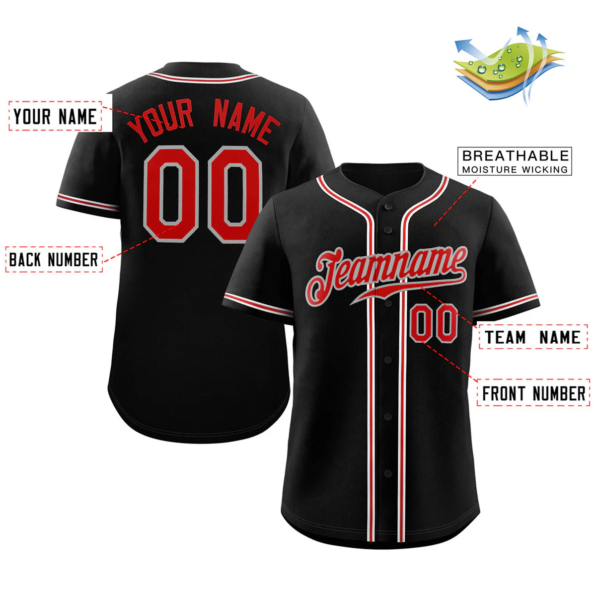 Custom Black Red-Gray Classic Style Authentic Baseball Jersey - Image 2