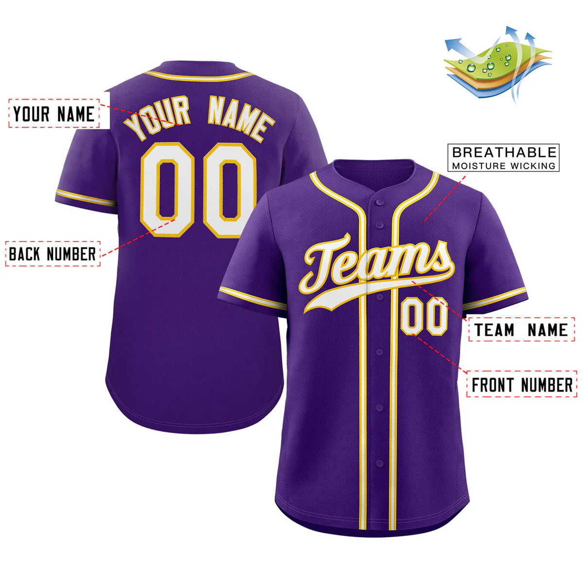 Custom Purple White-Gold Classic Style Authentic Baseball Jersey - Image 2