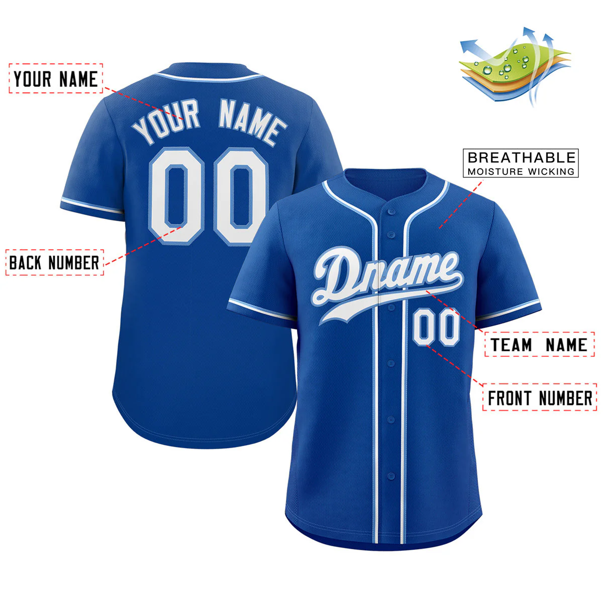 Custom Royal White-Light Blue Classic Style Authentic Baseball Jersey - Image 2