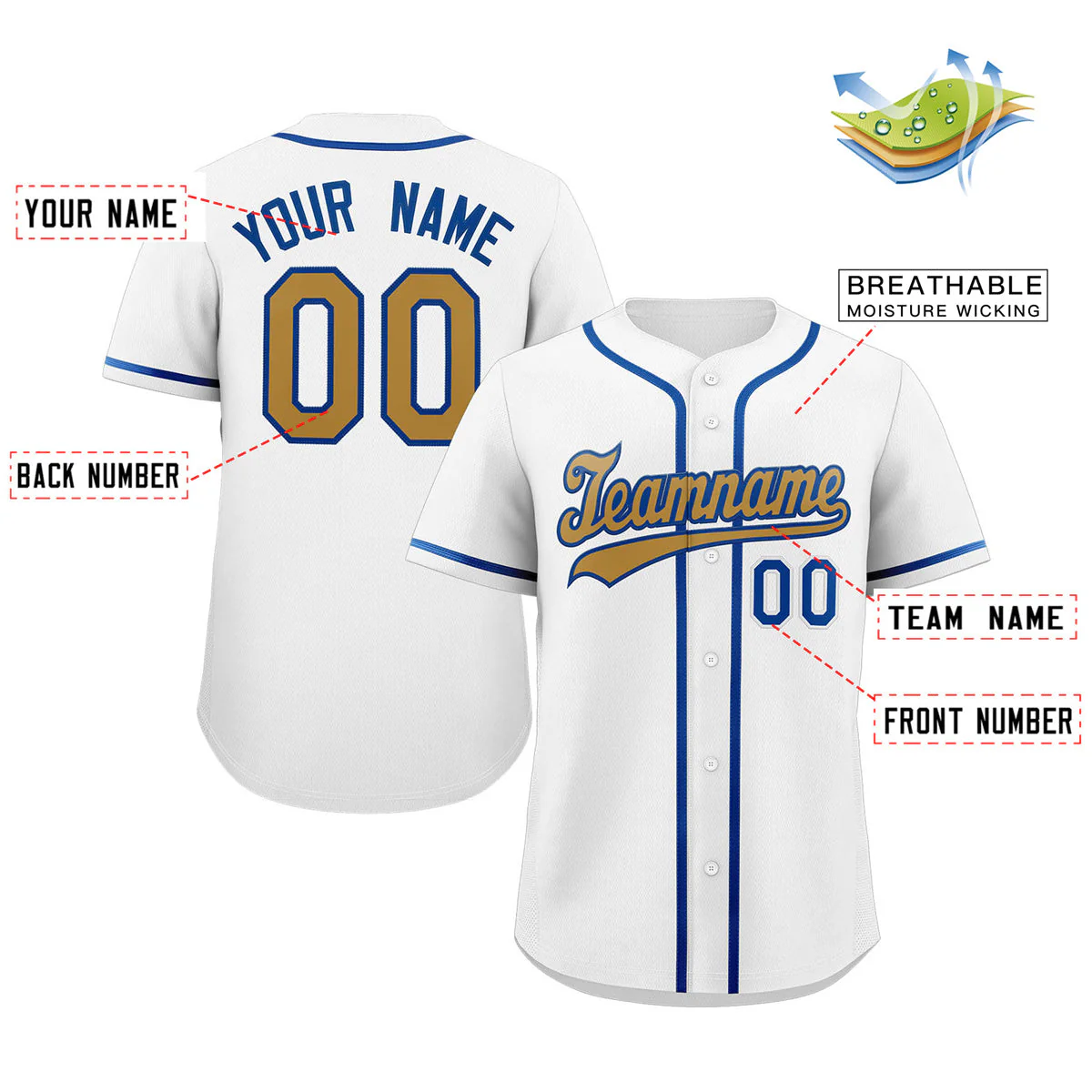 Custom White Old Gold-Royal Classic Style Authentic Baseball Jersey - Image 2