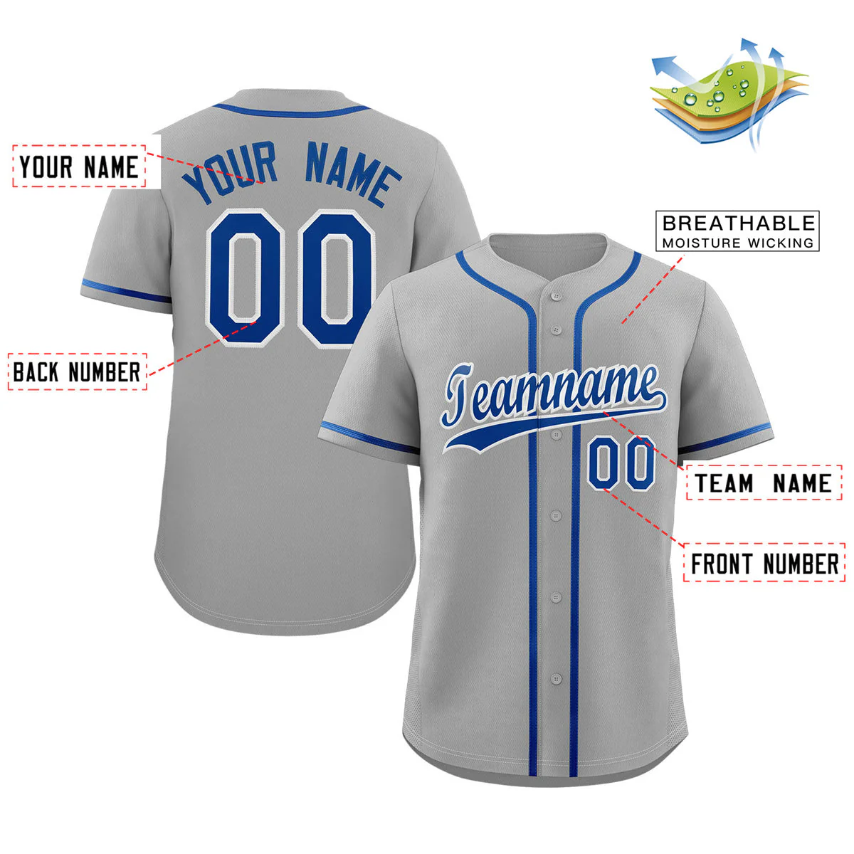 Custom Gray Royal-White Classic Style Authentic Baseball Jersey - Image 2