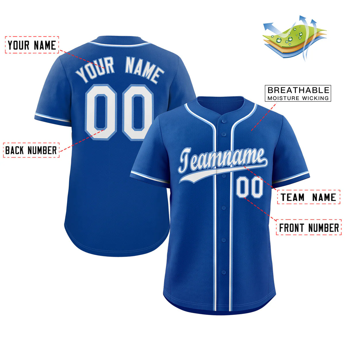 Custom Royal White-Powder Blue Classic Style Authentic Baseball Jersey - Image 2
