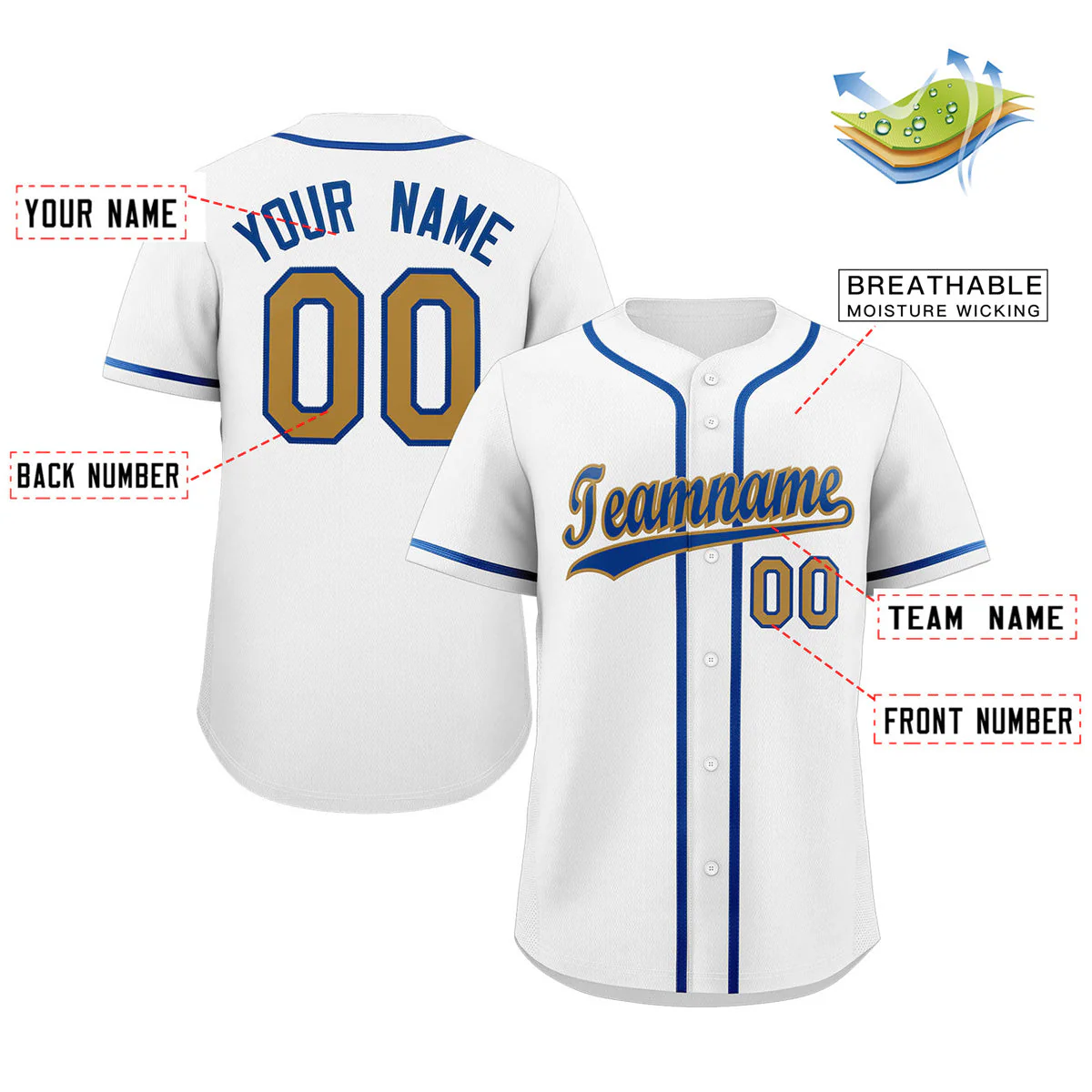 Custom White Royal-Old Gold Classic Style Authentic Baseball Jersey - Image 2