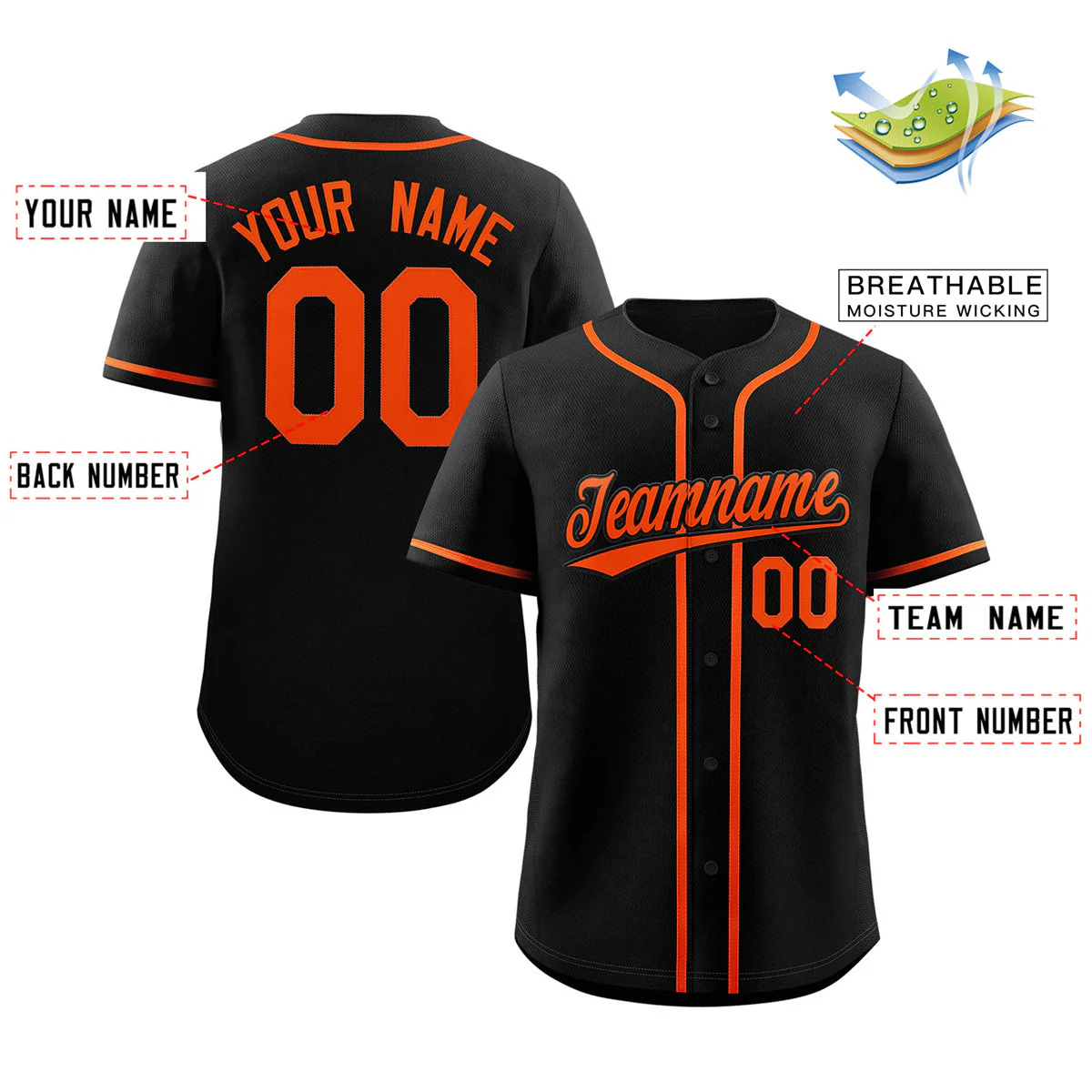 Custom Black Orange Classic Style Authentic Baseball Jersey - Image 2