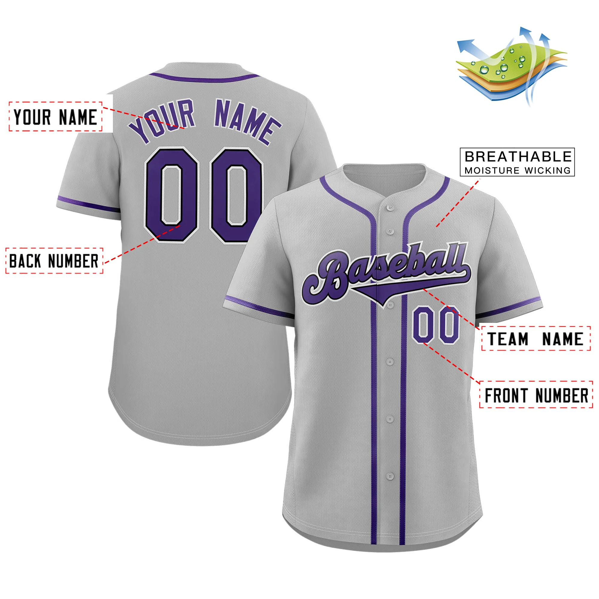 Custom Gray Purple-Black Classic Style Authentic Baseball Jersey - Image 2