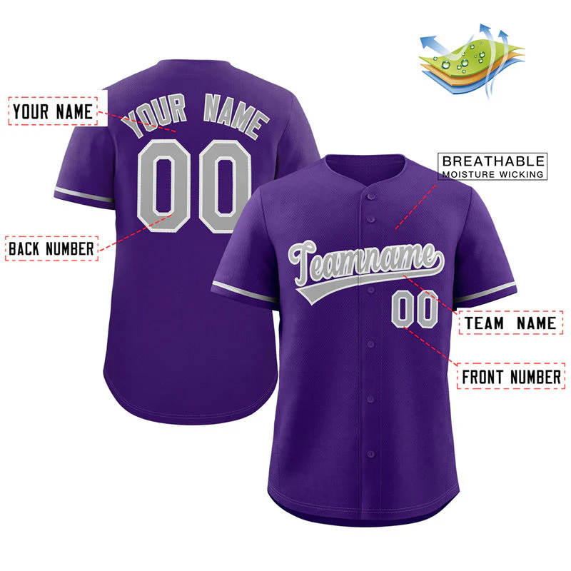 Custom Purple Gray-White Classic Style Authentic Baseball Jersey - Image 2