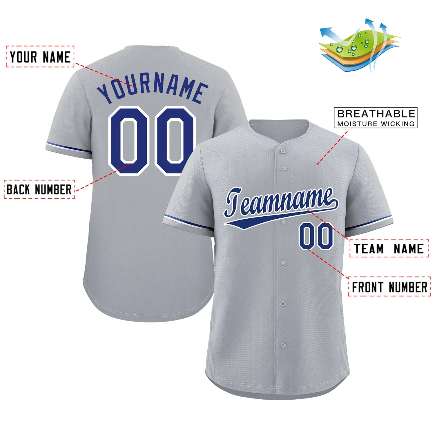 Custom Gray Royal-White Classic Style Authentic Baseball Jersey - Image 2
