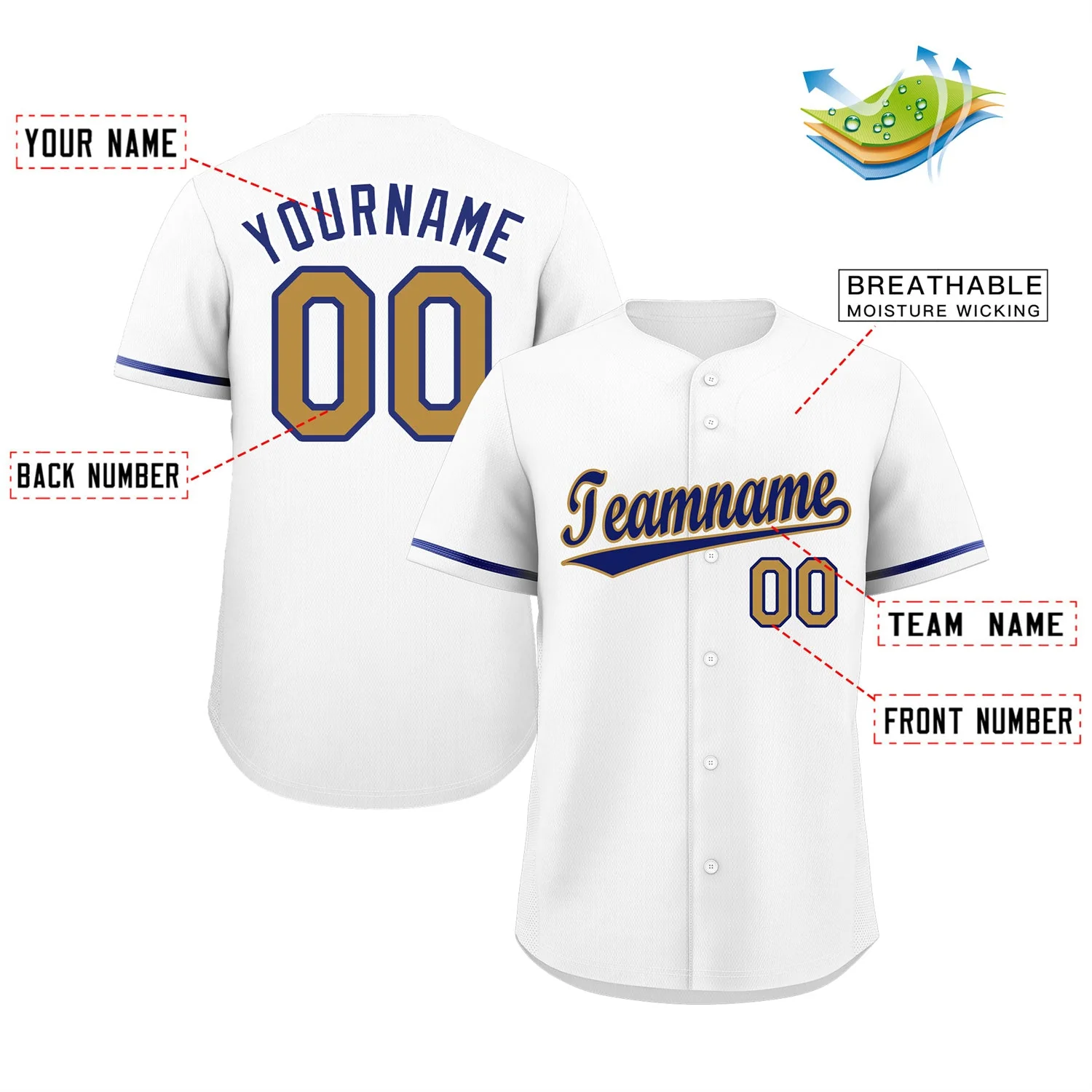 Custom White Royal-Old Gold Classic Style Authentic Baseball Jersey - Image 2