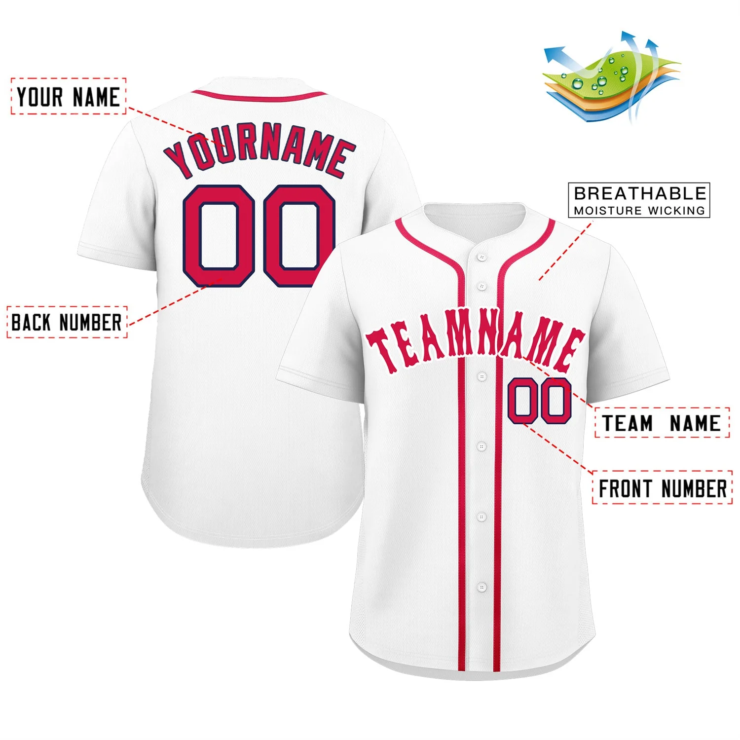 Custom White Red-Navy Classic Style Authentic Baseball Jersey - Image 2