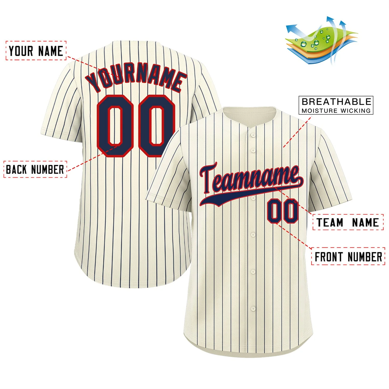 Custom Cream Navy-Red Stripe Fashion Authentic Baseball Jersey - Image 2