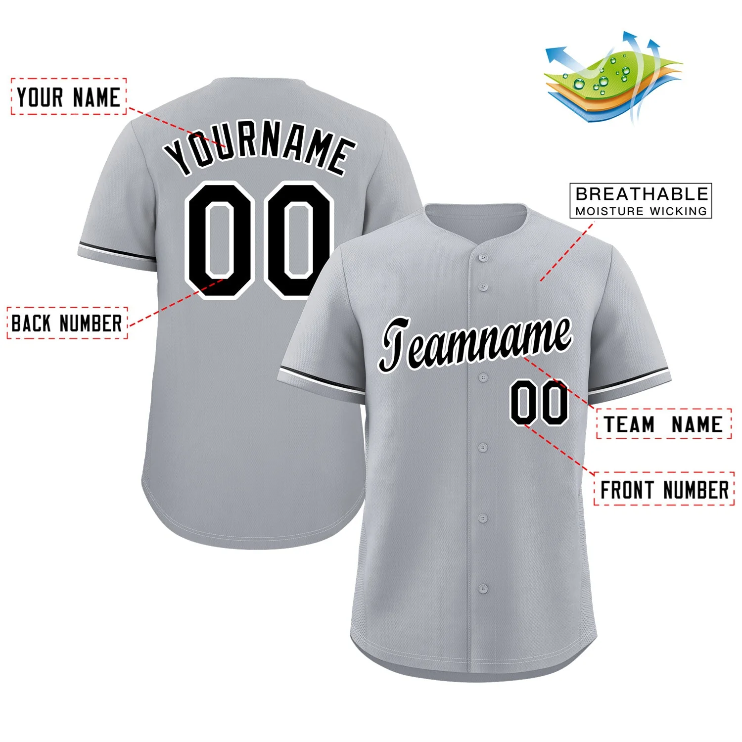 Custom Gray Black-White Classic Style Authentic Baseball Jersey - Image 2